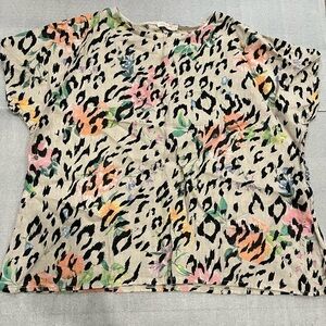 [2X]Anna Melani Leopard Print Multicolor Floral Linen SS Pullover Crew Blouse